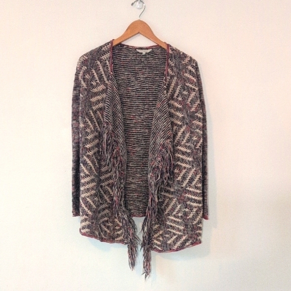 Lucky Brand Sweaters - Lucky Brand Women's Open Front Boho Cotton Cardigan Fringe Pink Cream Black Sz S